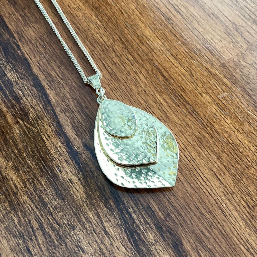 J. Crew Gold Tone Three Leaf Layer Long Pendant Necklace Statement Layering